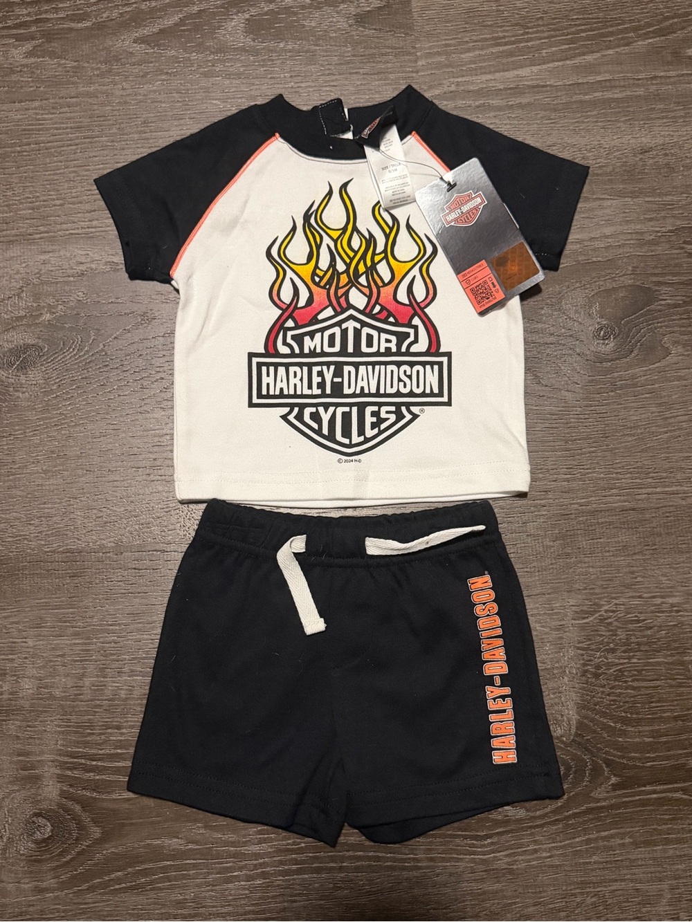 Harley-Davidson Black, White & Orange Flame Logo Tee and Shorts Set